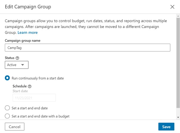Campaign Group Settings on LinkedIn